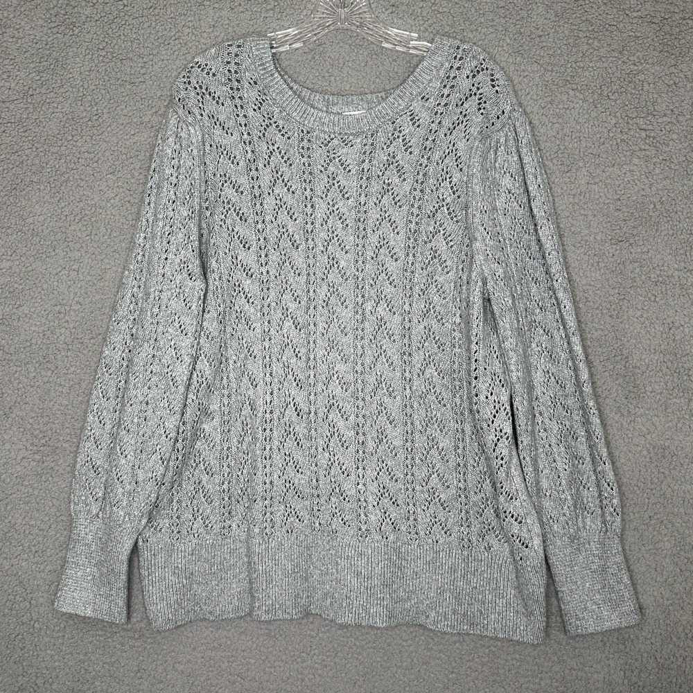 Liz Claiborne Sweater‎ Women XL Gray Open Cable Knit Pointelle Pullover Cozy Y2K